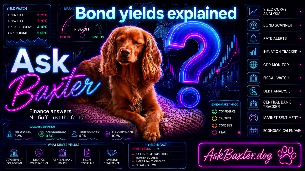 Baxter beside a neon bond-market dashboard and the words Bond yields explained