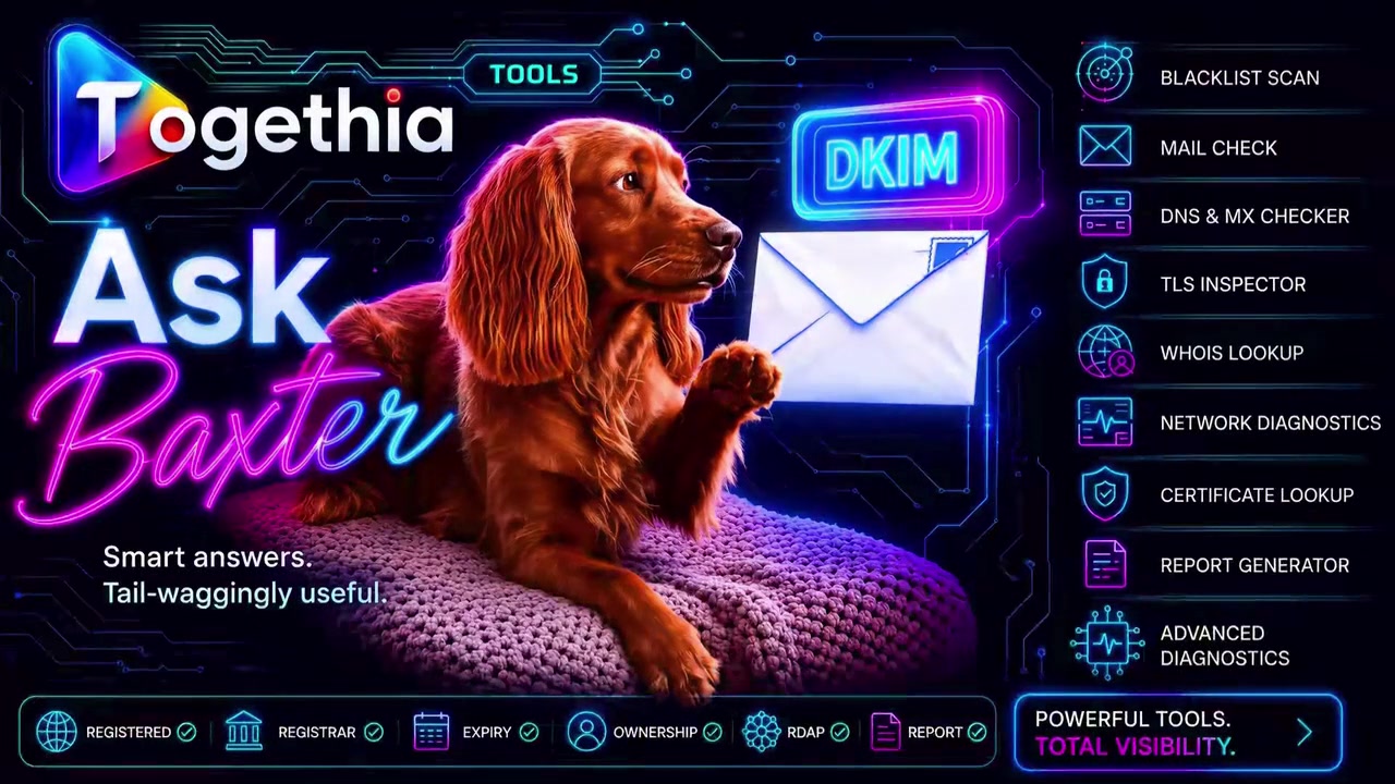 Baxter beside a neon DKIM sign and an email envelope