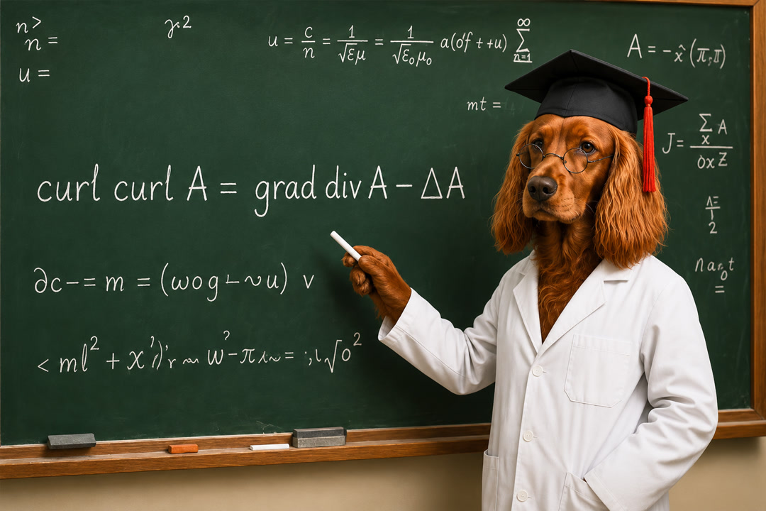 Baxter the physicist teaching at a chalkboard filled with equations