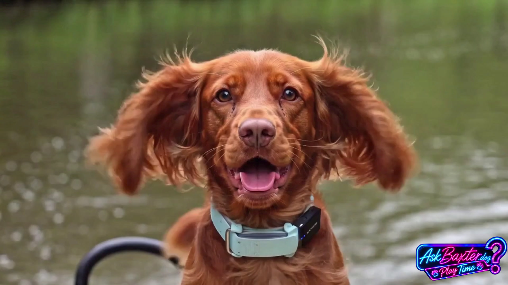 Baxter enjoying a high-speed breeze aboard a V8 canal boat
