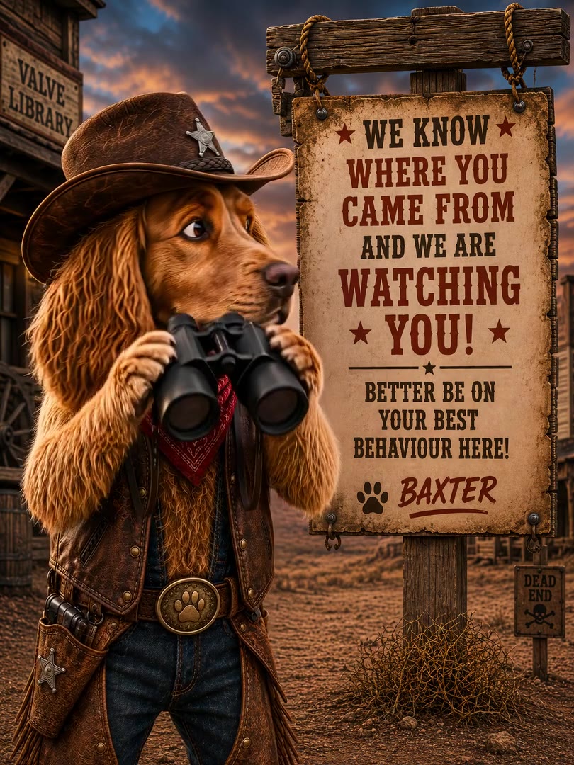 Baxter the sheriff watching through binoculars and asking everyone to be on their best behaviour